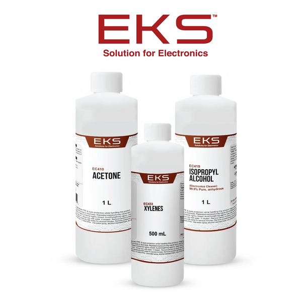 Group of EKS electronic-grade chemicals – Sodium Hydroxide 50% and Safe Wash – high-purity reagents for semiconductor and PCB manufacturing in the USA.